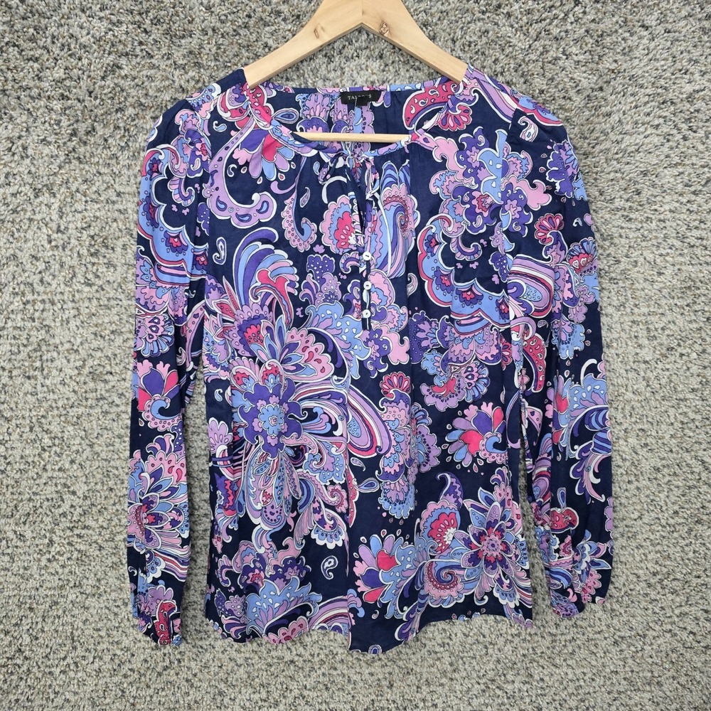 Talbots Top Womens Small Blue Paisley Print Semi Sheer Blouse‎ Neck Tie Ladies